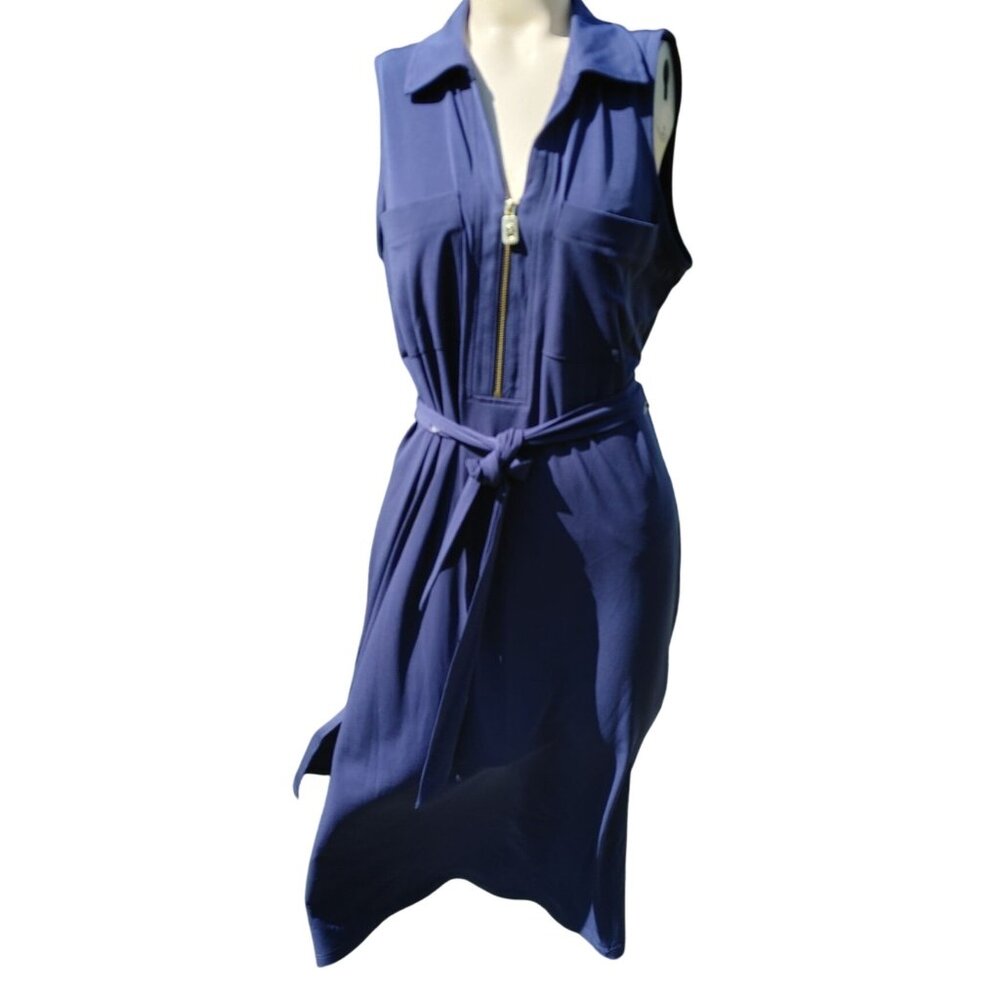 Dress Michael Kors Sleeveless Zip Front Belted Shirt Dress Large Navy Blue